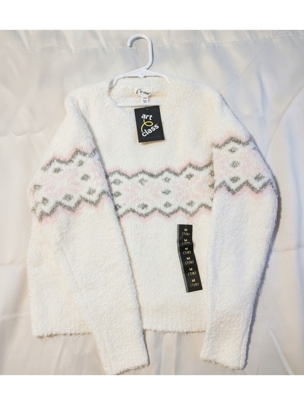 Art Class Girls Fair Isle Eyelash Knit Fuzzy Sweater Dog Bone Off White M 7 8